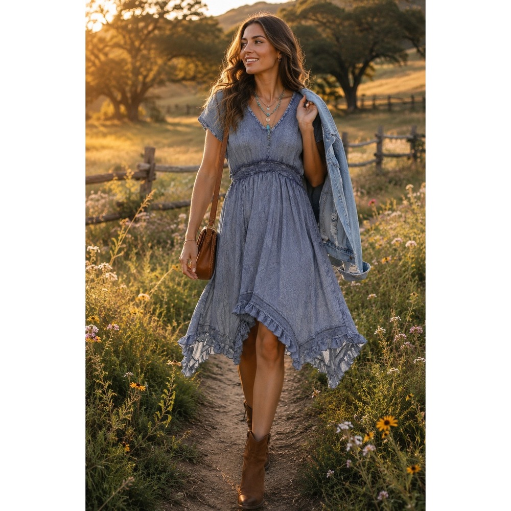 Mlle Gabrielle Womens Blue Acid Wash Smocked Waist Ruffle Sharkbite Dress Size M